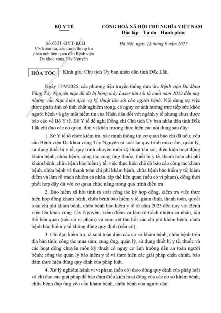 Bộ Y tế yêu cầu khẩn trương kiểm tra, xác minh thông tin liên quan Bệnh viện Đa khoa vùng Tây Nguyên 1 z7028901016295 c95a3ed5eb73b301ab86ada1d0508d84